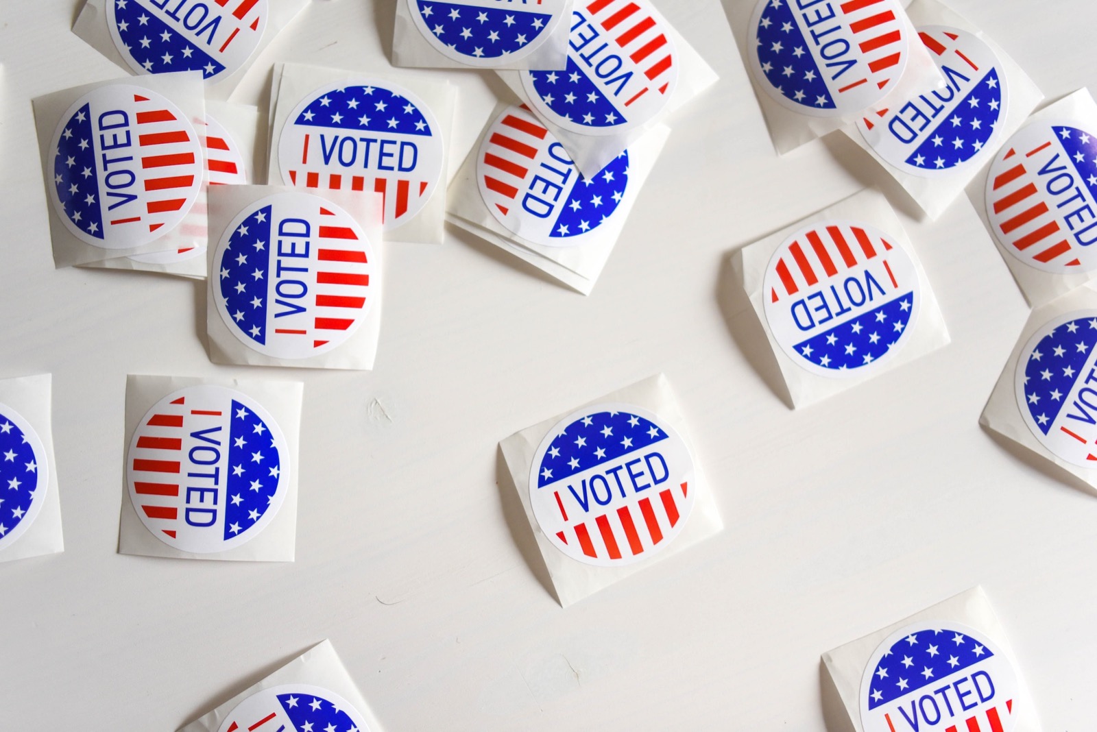 Sheets of “I Voted” stickers printed with the American flag